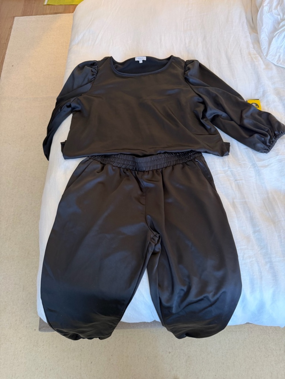 Black womenswear Satin Jogger Set with Puff Sleeves - Unbranded
